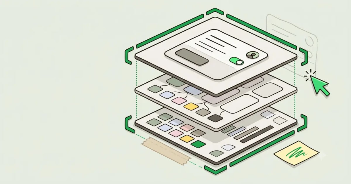 Three layered design-system tiers (swatches, tokens and a UI card) inside green guardrails, with an AI cursor approaching